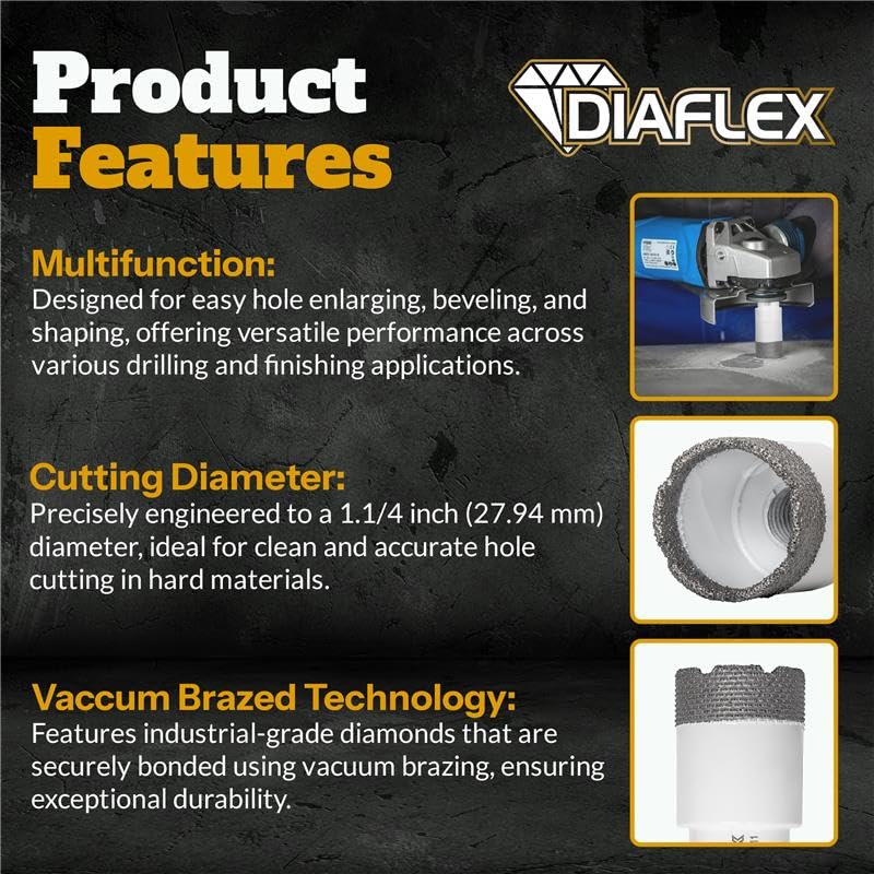 DIAFLEX Premium Brazed Core Bit – 1-1/4" Diamond Hole Saw for Porcelain, Ceramic, Stone, Dekton – 5/8"-11 Thread – Fast Clean Cuts – Vacuum Brazed – Wet or Dry Use - Image 4